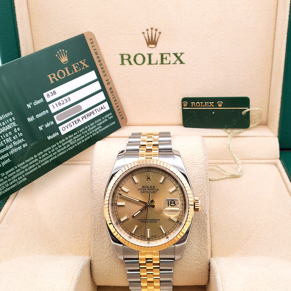 Rolex Datejust 36mm 2-Tone Yellow Gold/Steel Champagne Index Watch 116233 Box/Papers/Tag