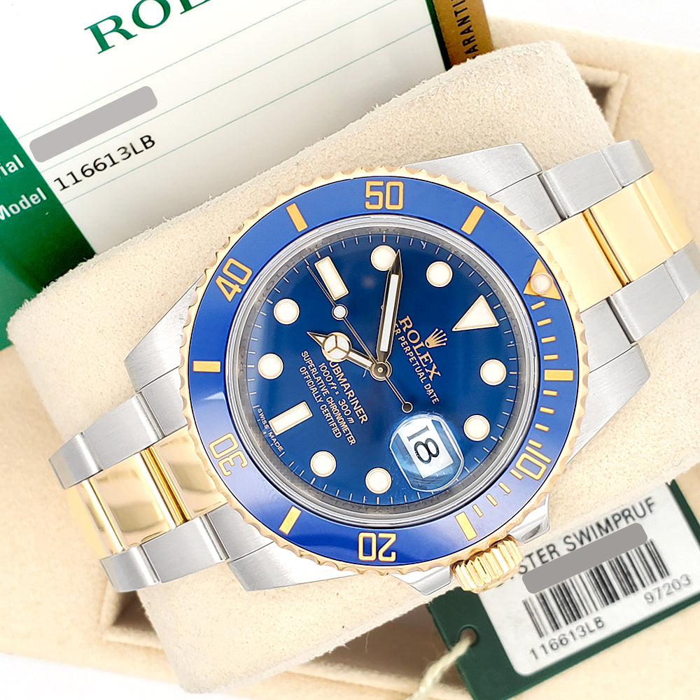 Rolex Submariner 40mm 116613LB Yellow Gold/Steel Blue Dial Watch Box/Papers/Tag