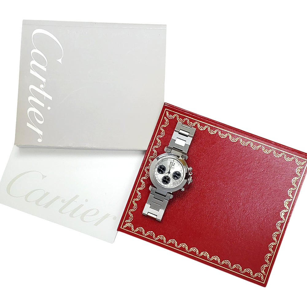 Cartier Pasha C 36mm Silver Panda Dial Chronograph Steel 2412 W31048M7 Watch Papers