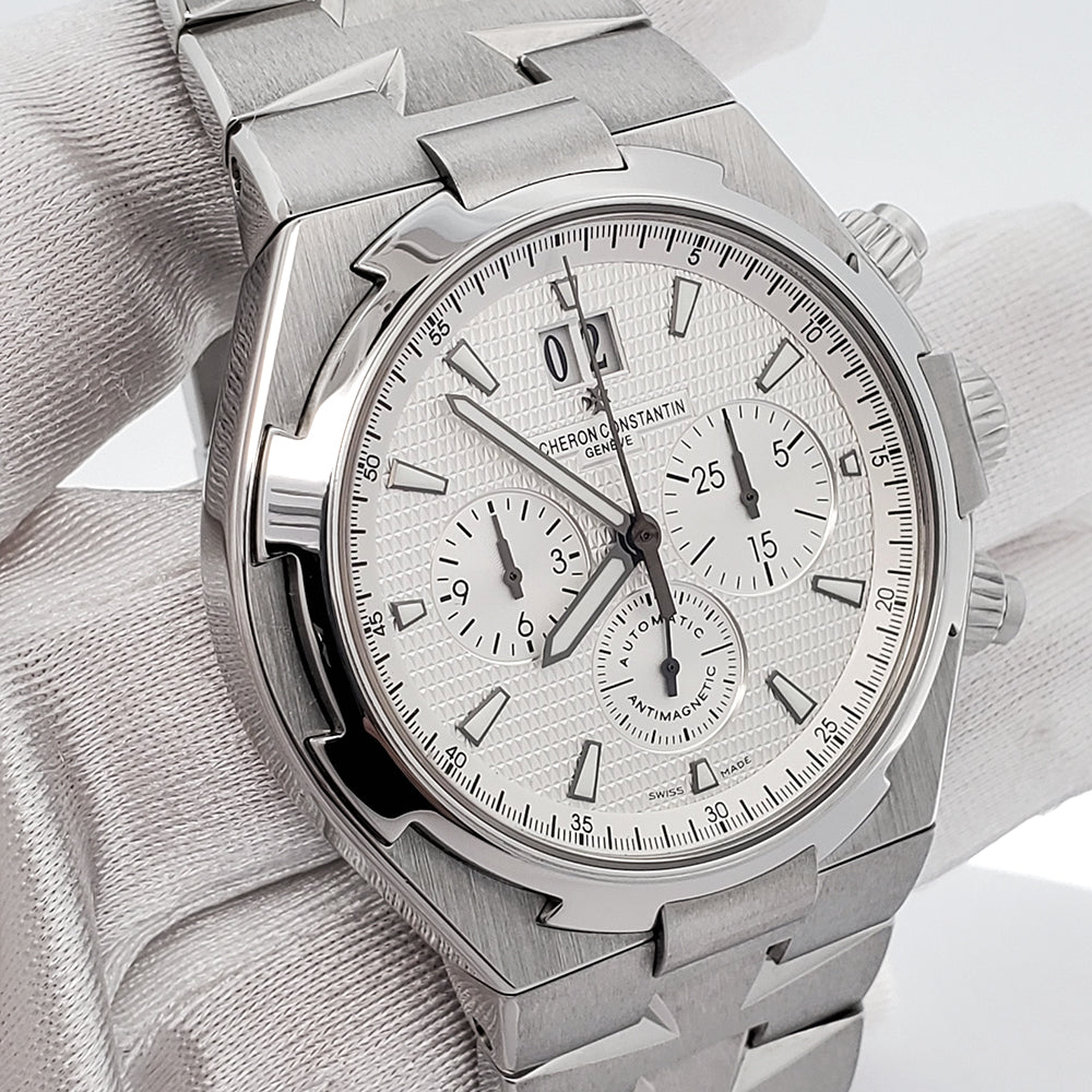 Vacheron Constantin Overseas 42mm Silver Dial Chronograph Steel Watch 49150 Box Papers