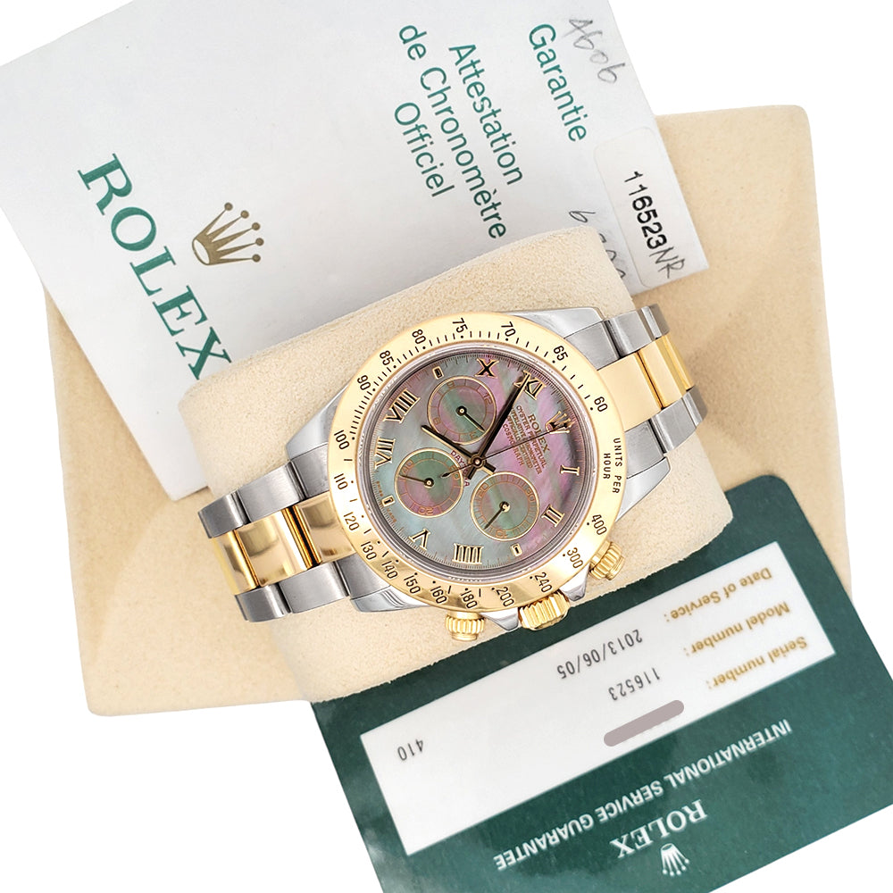 Rolex Cosmograph Daytona Factory Tahitian Mother of Pearl Dial Yellow Gold/ Steel Watch 116523 Box/Papers/Service Papers