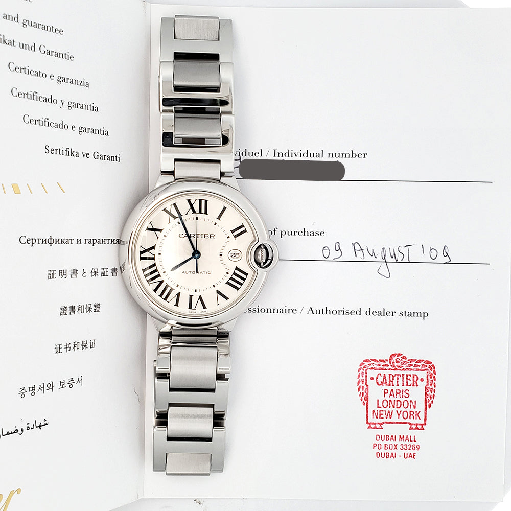Cartier Ballon Bleu 42mm Silver Roman Steel Watch W69012Z4 3001 Papers