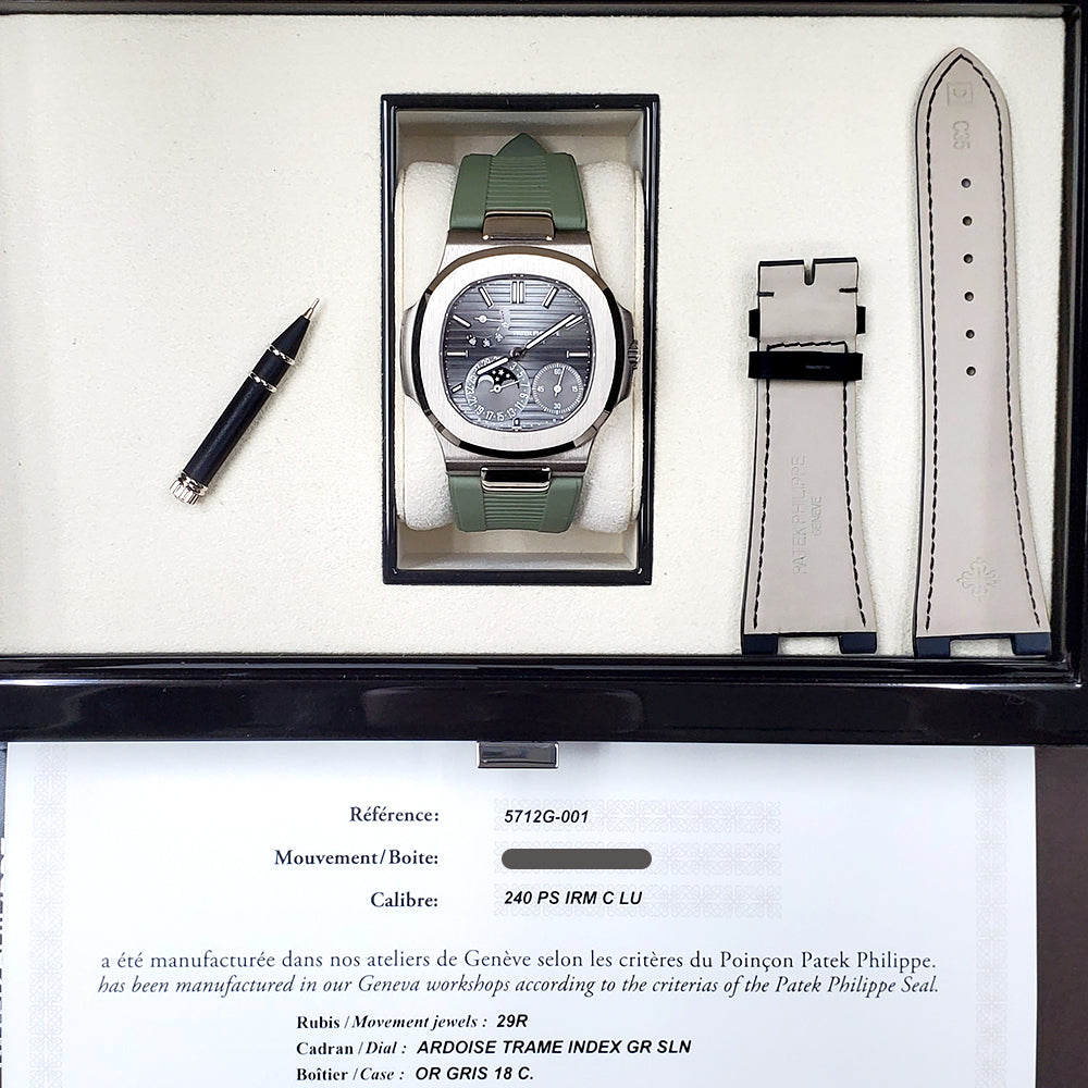 2019 Patek Philippe Nautilus Moon phase 40mm Grey Dial White Gold Watch 5712G-001 Box/Papers/Strap