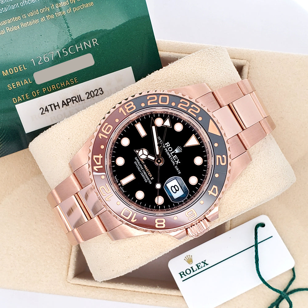 2023 Rolex GMT-Master II Rootbeer 126715CHNR Everose Gold Oyster Watch Box/Papers/Tag