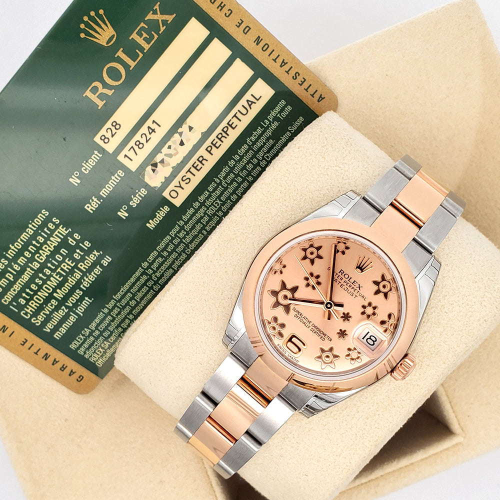 Stickered Rolex Datejust 31mm Pink Floral 2-tone Rose Gold/Steel Oyster Watch 178241 Box Papers