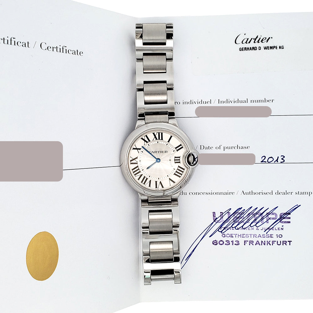 Cartier Ballon Bleu 36mm Silver Roman Dial Quartz Steel Watch W69011Z4 3005 Papers