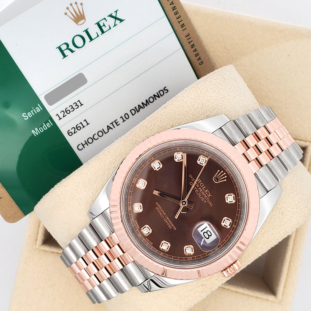 Rolex Datejust 41 126331 Factory Chocolate Diamond Dial 2-tone Rose Gold/Steel Jubilee Watch Box Papers