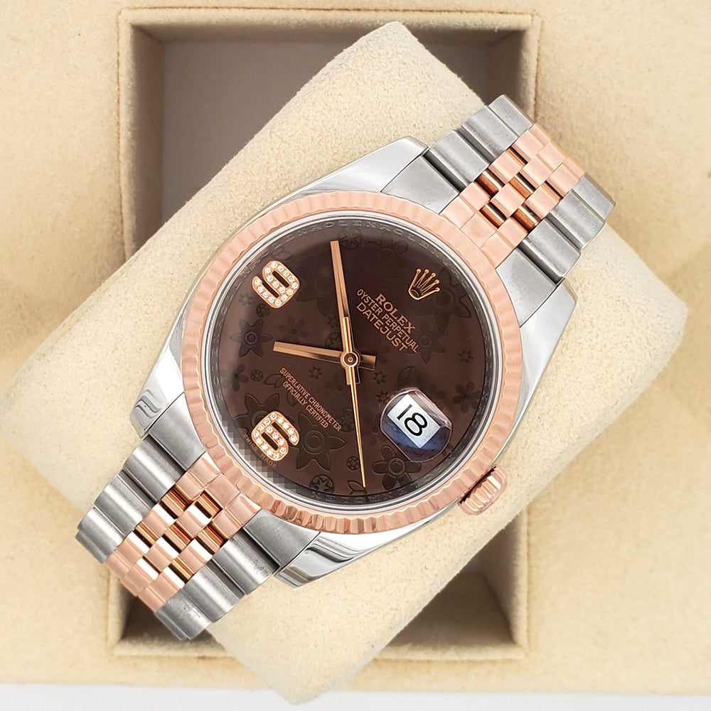 Rolex Datejust Factory Chocolate Floral Diamond Dial 2-Tone Rose Gold/Steel Jubilee 36mm Watch 116231
