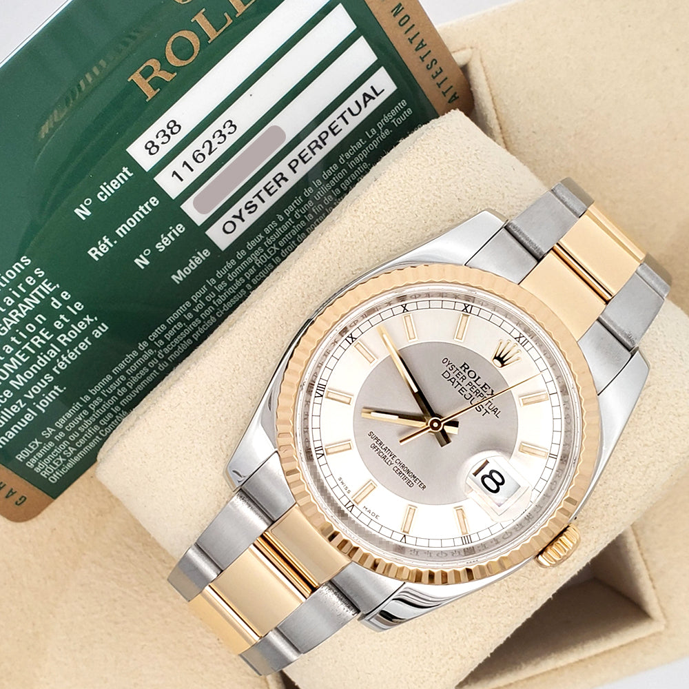 Rolex Datejust 36mm Silver Tuxedo 2-tone Yellow Gold/Steel 116233 Oyster Watch Box Papers