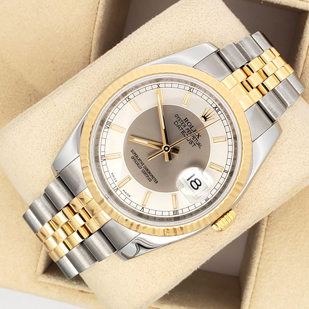 Rolex Datejust 36mm Silver Tuxedo 2-tone Yellow Gold/Steel 116233 Jubilee Watch Box/Apr