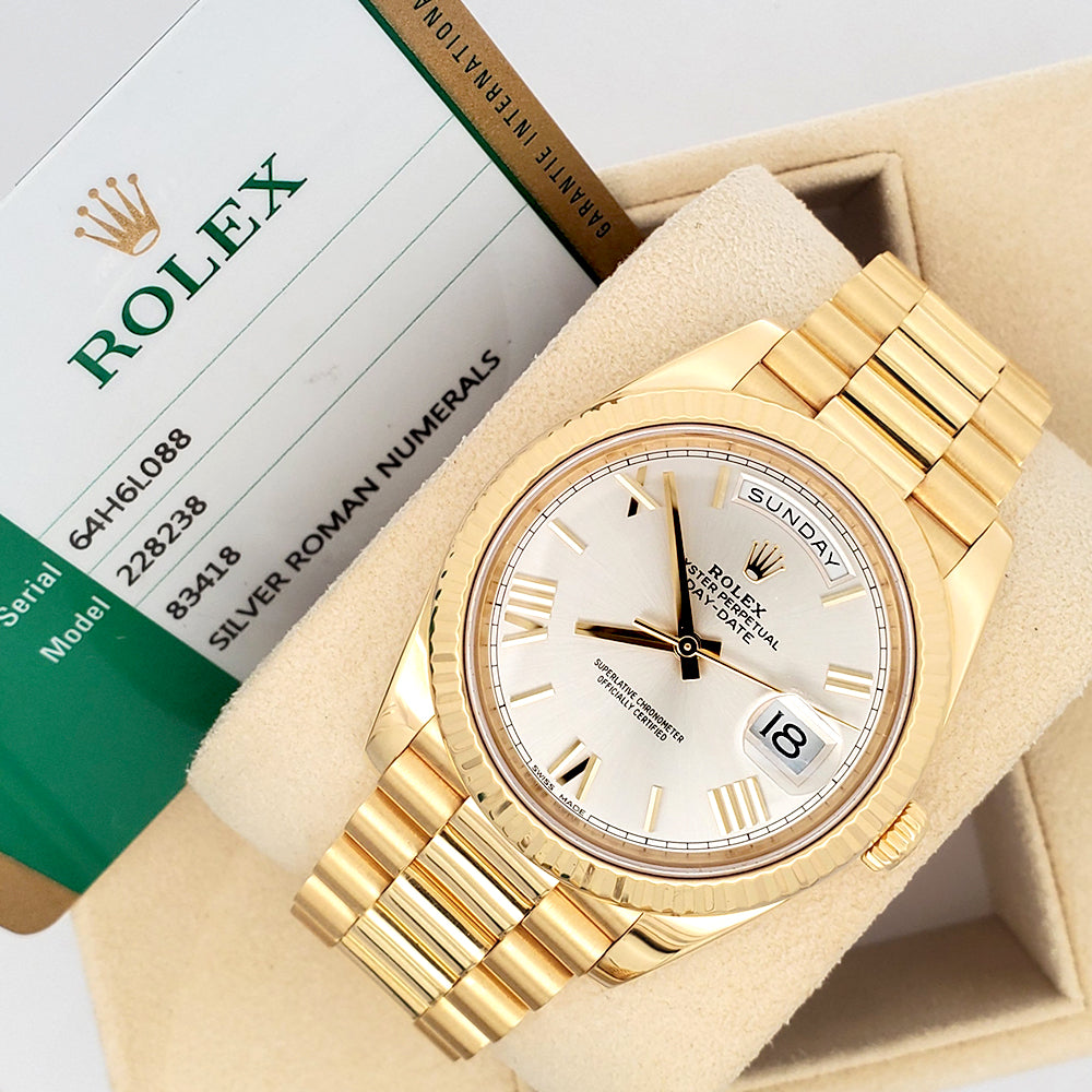 Rolex President Day-Date 40 Yellow Gold Silver Roman Dial Watch 228238 Box Papers