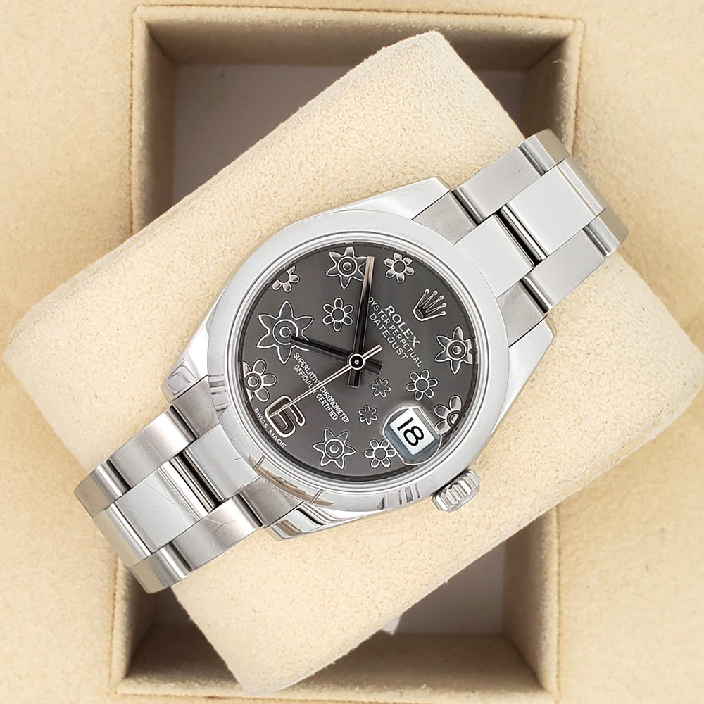 Rolex Datejust Rhodium Floral Dial Steel Oyster Midsize 31mm Watch 178240