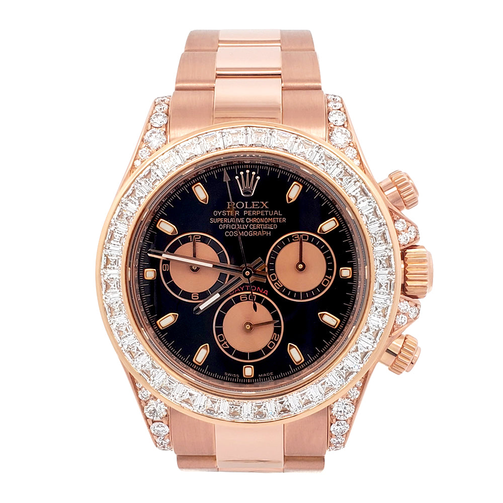 Rolex Cosmograph Daytona 8.5ct VS Princess Diamond Bezel/Lugs Rose Gold 40mm Watch 116505