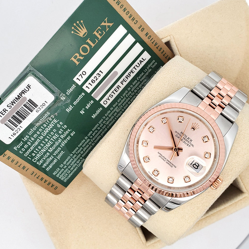 Rolex Datejust 36mm 116231 Factory Pink Diamond Dial 2-Tone Rose Gold Fluted Jubilee Watch Box/Papers/Tag