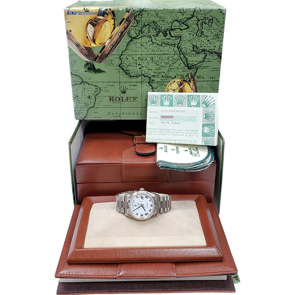 Rolex President Day-Date White Gold Roman Dial 36mm Watch 18239 Box Papers