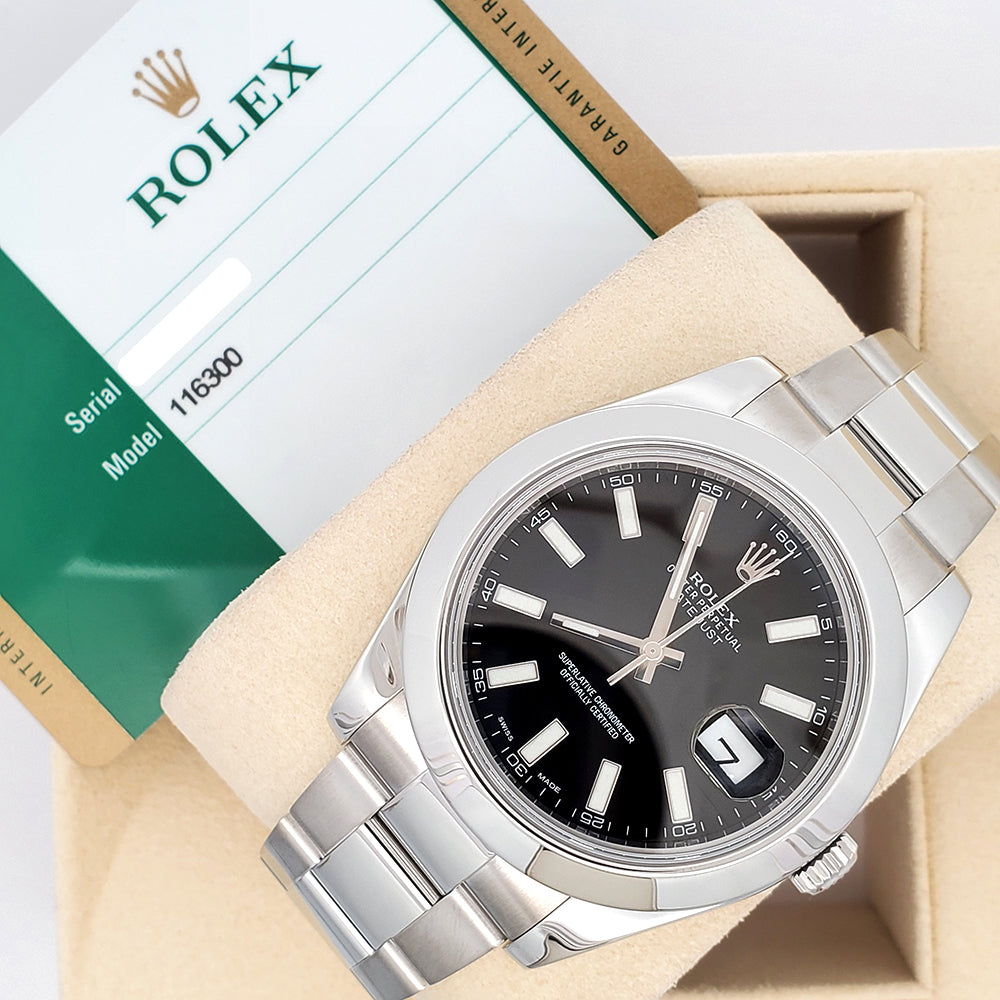 2015 Rolex Datejust II 41mm 116300 Black Index Dial Steel Oyster Watch Box Papers