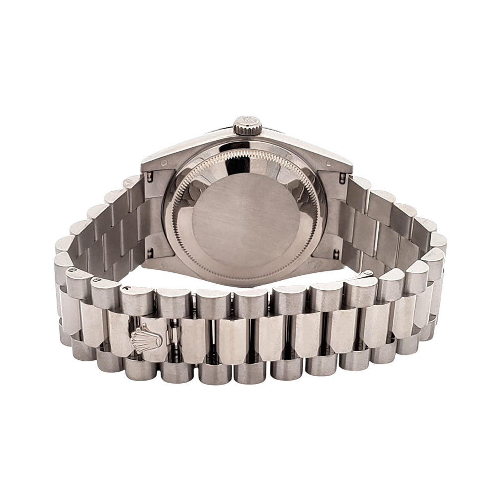 2019 Rolex President Day-Date Blue Baguettes Diamond Dial White Gold Watch 118209 Box Papers