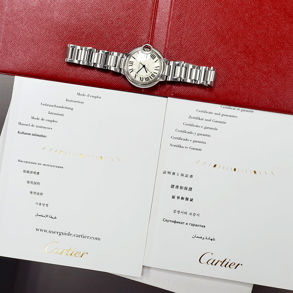 Cartier Ballon Bleu 33mm Silver Roman Dial Stainless Steel Watch W6920071 3489 Papers