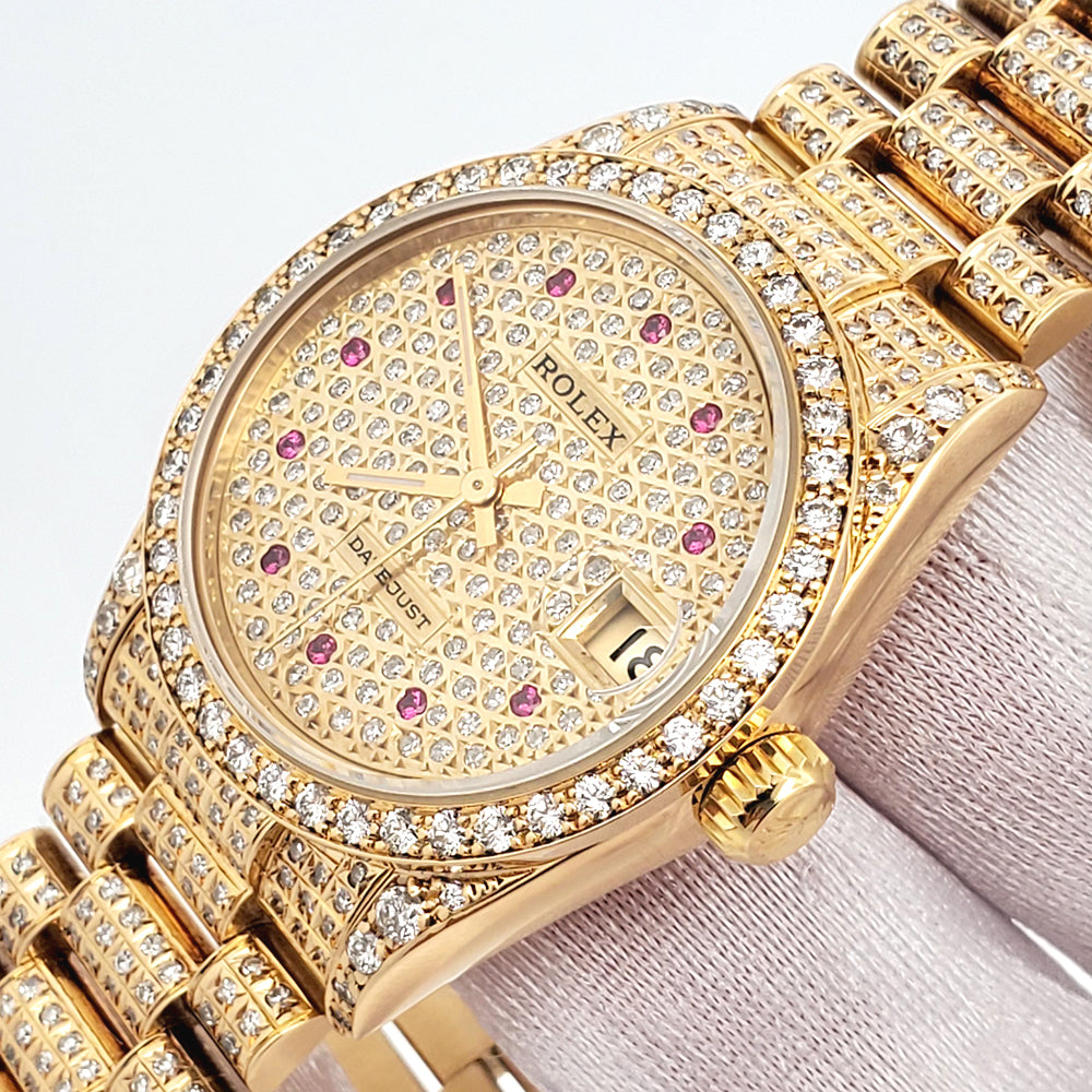 Rolex President Datejust Midsize 31mm Custom 7.2ct Full Pave Diamond Yellow Gold Watch 68288