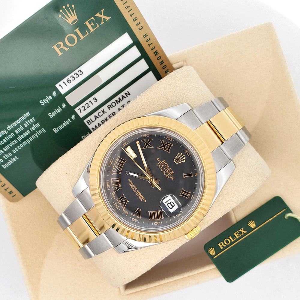 Rolex Datejust II 41mm Black Roman Dial 2-Tone Yellow Gold/ Steel Watch 116333 Box/Papers/Tag