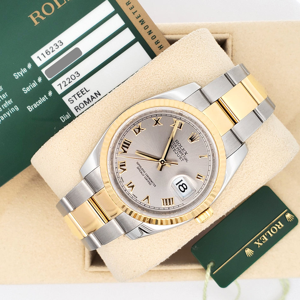 Rolex Datejust 36mm Slate Roman 2-Tone Yellow Gold/Steel Oyster Watch 116233 Box/Papers/Tag