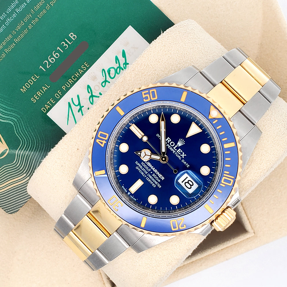 2022 Rolex Submariner Date 41mm Blue Dial 2-tone Yellow Gold/Steel Oyster Watch 126613LB Box Papers