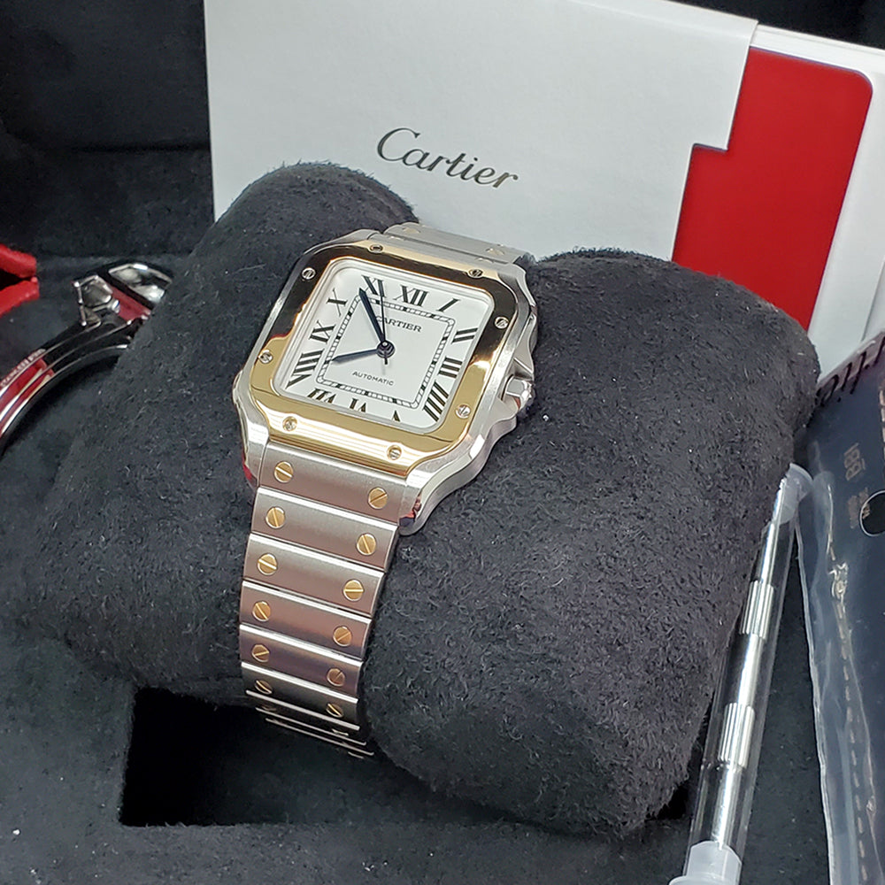 2022 Mint Cartier Santos 2-Tone White Roman Yellow Gold/Steel 35mm Watch W2SA0007 4075 Box/ Papers/Strap