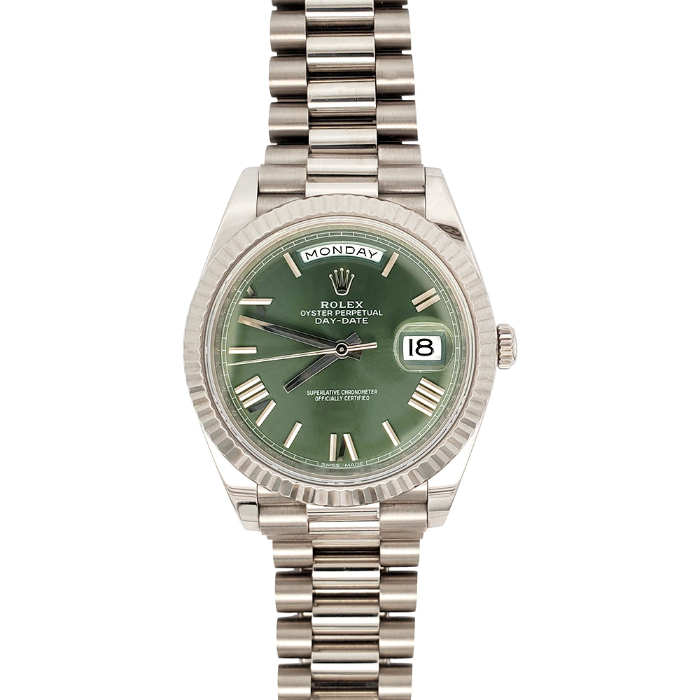 Rolex Day-Date 40 President 228239 Olive Green Roman Dial White Gold Watch Box/Papers/Tag
