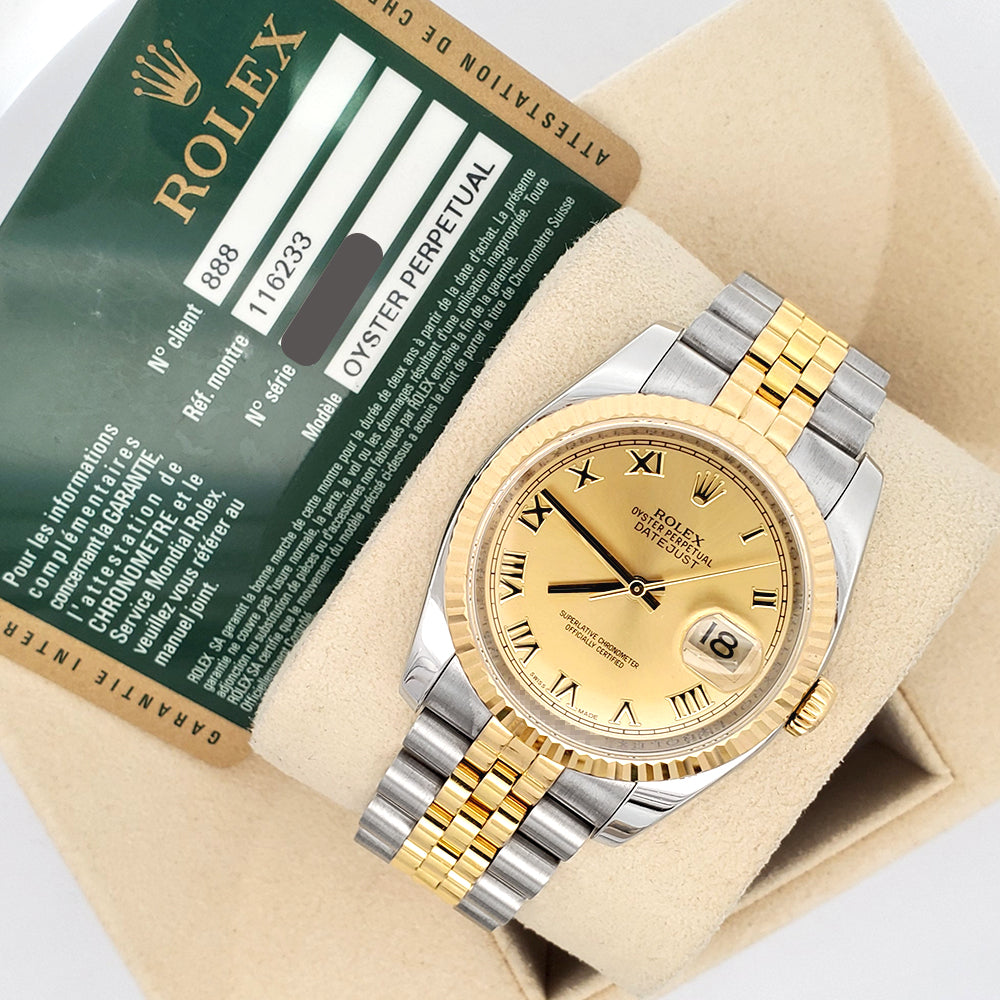Rolex Datejust 36mm 116233 2-Tone Champagne Roman Dial Jubilee Watch Box Papers