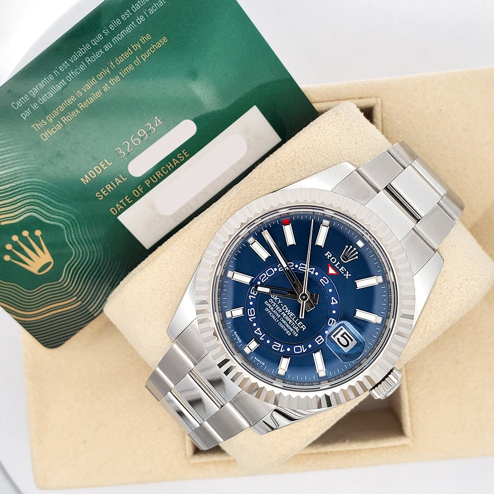 2022 Rolex Sky-Dweller White Gold Fluted Bezel Blue Index Dial Steel Oyster 42mm Watch 326934 Box Papers