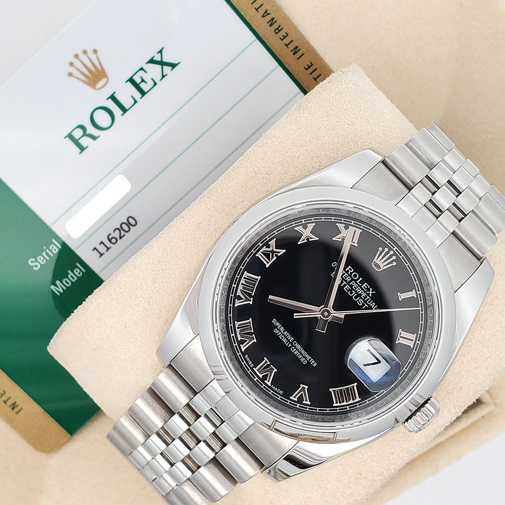 Rolex Datejust 36mm Black Roman Dial Steel Jubilee Watch 116200 Box Papers
