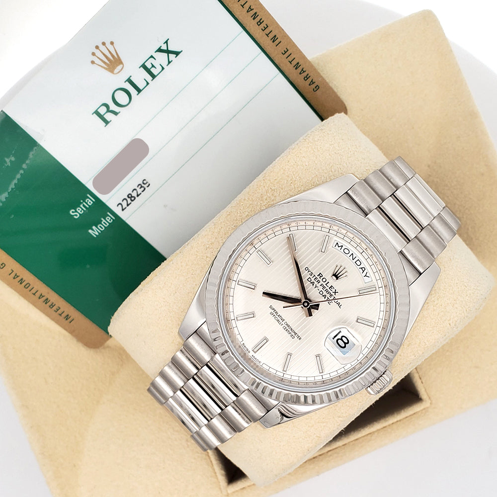 2017 Rolex President Day-Date Silver Stripe Motif Dial White Gold 40mm Watch 228239 Box Papers