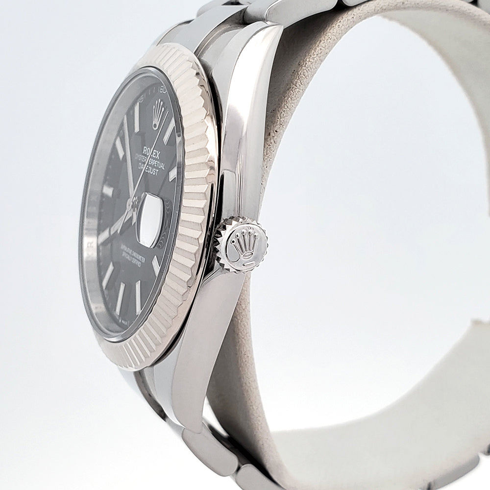 2021 Rolex Datejust 41 Black Index Dial White Gold Fluted Bezel Steel Oyster Watch 126334 Box Papers