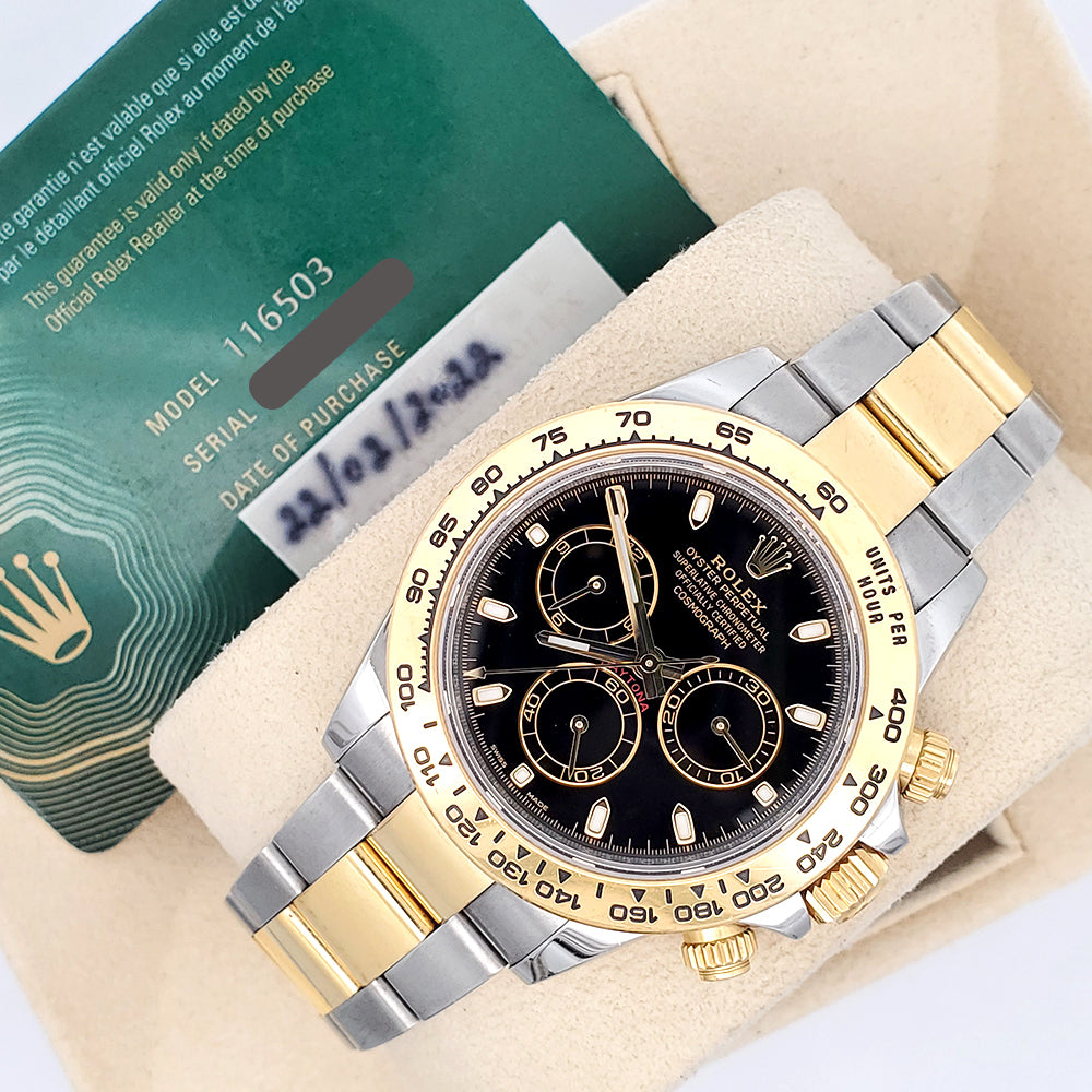 2022 Rolex Cosmograph Daytona 40mm Black Dial 2-Tone Yellow Gold/Steel Watch 116503 Box Papers