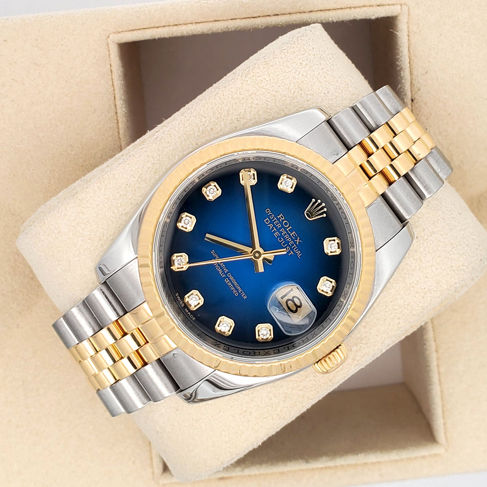 Rolex Datejust Factory Blue Vignette Diamond Dial 2-tone Yellow Gold/Steel Jubilee 36mm Watch 116233 Box/Apr