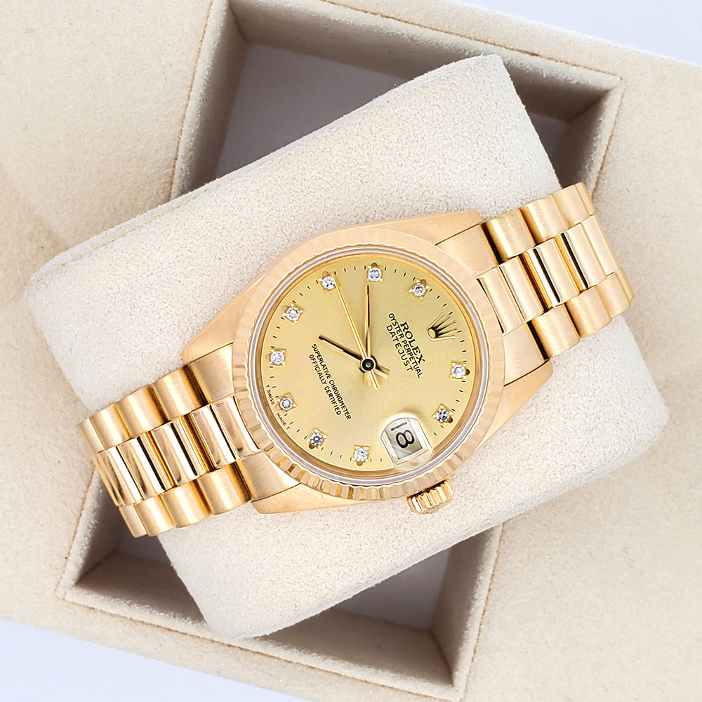 Rolex President Datejust 31mm Factory Champagne Diamond Yellow Gold Watch 68278