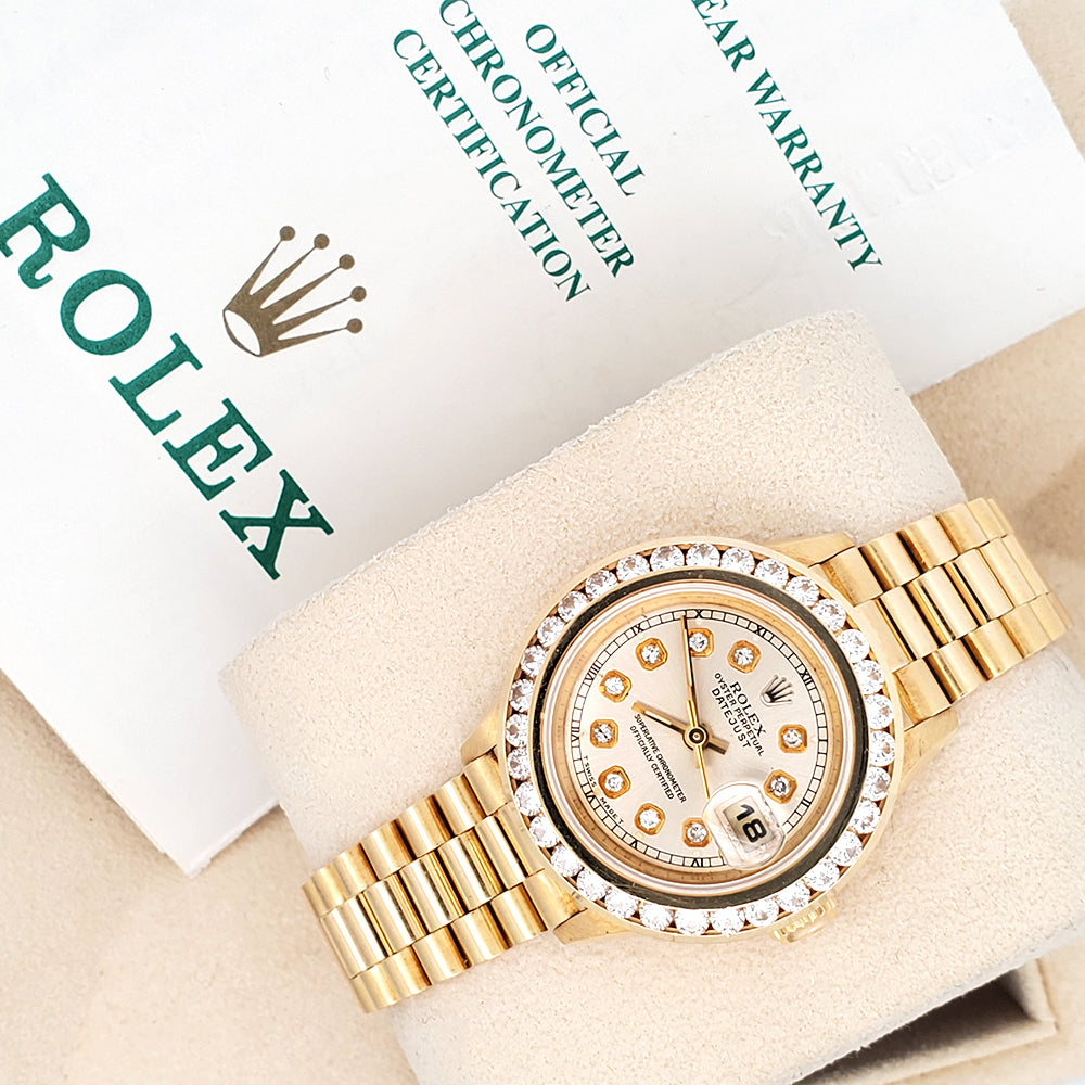 Rolex President Ladies 26mm Custom Silver Diamond Dial /Bezel Yellow Gold Watch 69178 Box Papers