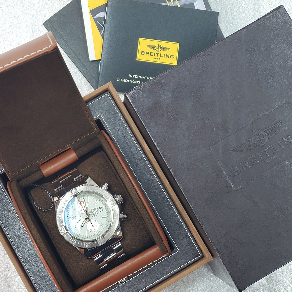 Breitling Super Avenger II White Index Chronograph 48mm Steel Watch A13371 Box Papers