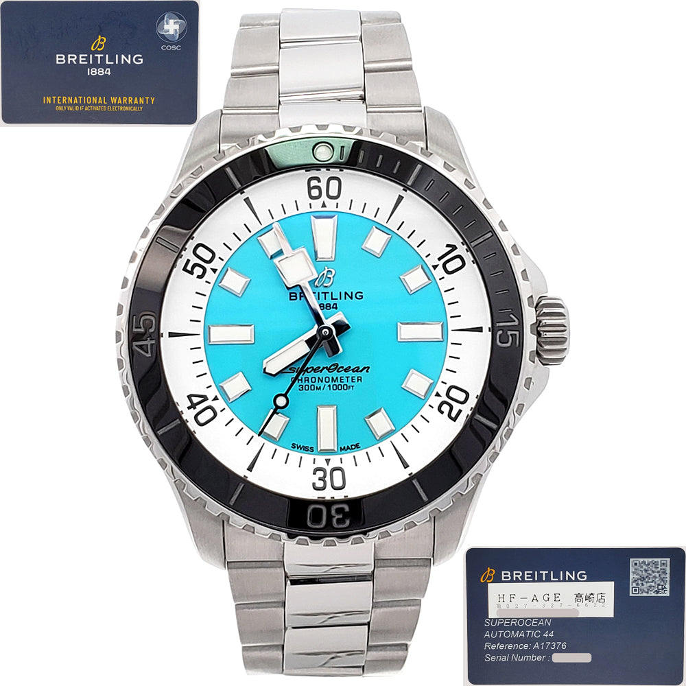 2022 Breitling Superocean 44mm Turquoise Dial Steel Mens Watch A17376 Papers