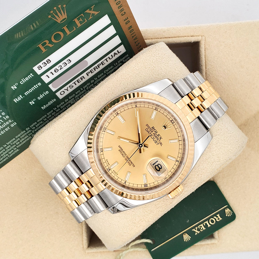 Rolex Datejust 36mm 2-Tone Yellow Gold/Steel Champagne Index Watch 116233 Box/Papers/Tag