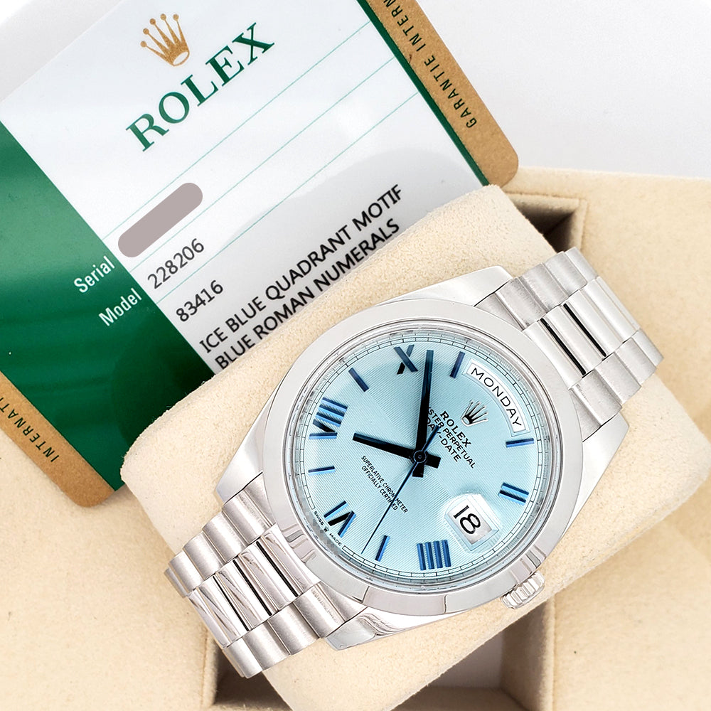 2020 Rolex President Day-Date Ice Blue Quadrant Motif Roman Dial Platinum 40mm Watch 228206 Box Papers