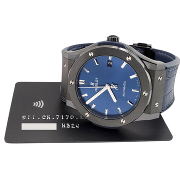 Hublot Classic Fusion 45mm Black Ceramic Bezel Blue Watch 511.CM.7170.LR Papers