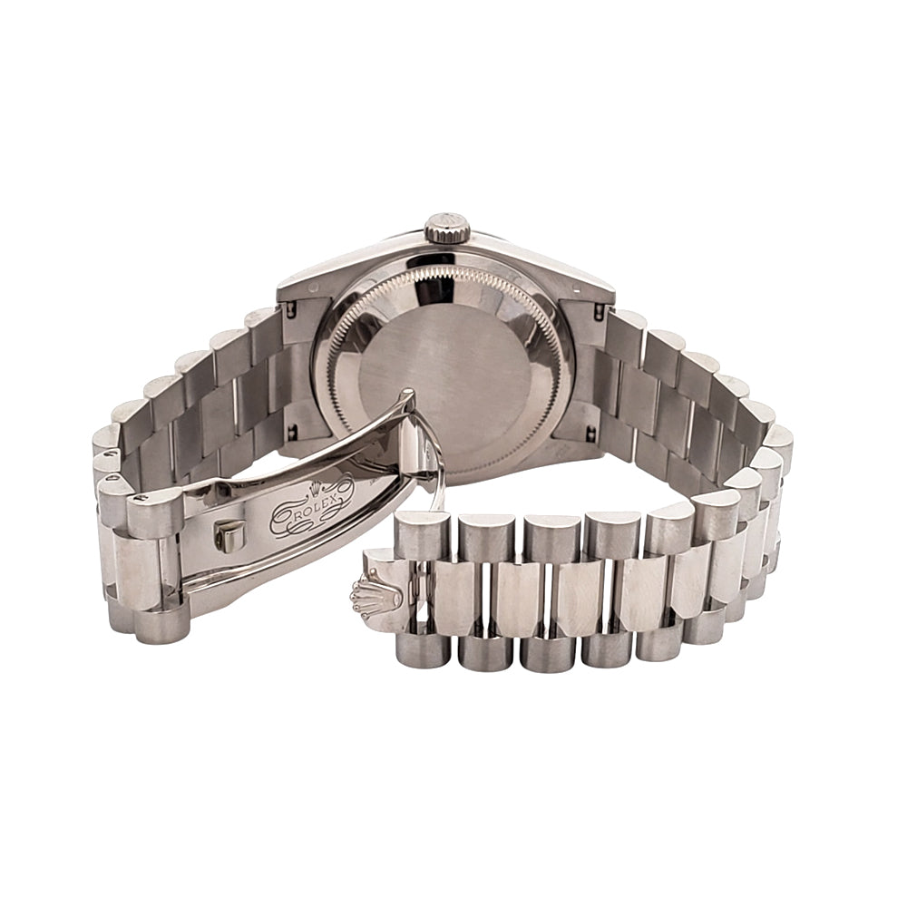 2019 Rolex President Day-Date Blue Baguettes Diamond Dial White Gold Watch 118209 Box Papers