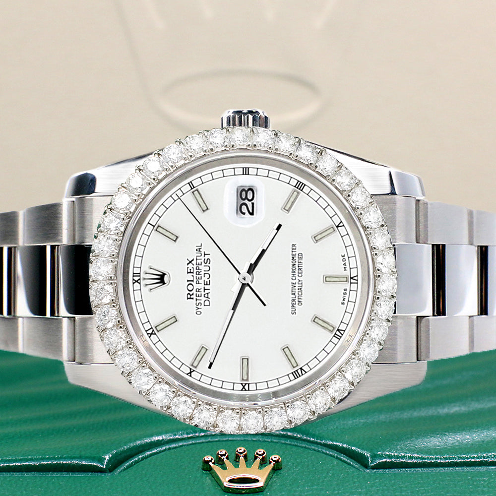 Rolex Datejust 116200 36mm 2.7ct Diamond Bezel/White Index Dial Steel Oyster Watch