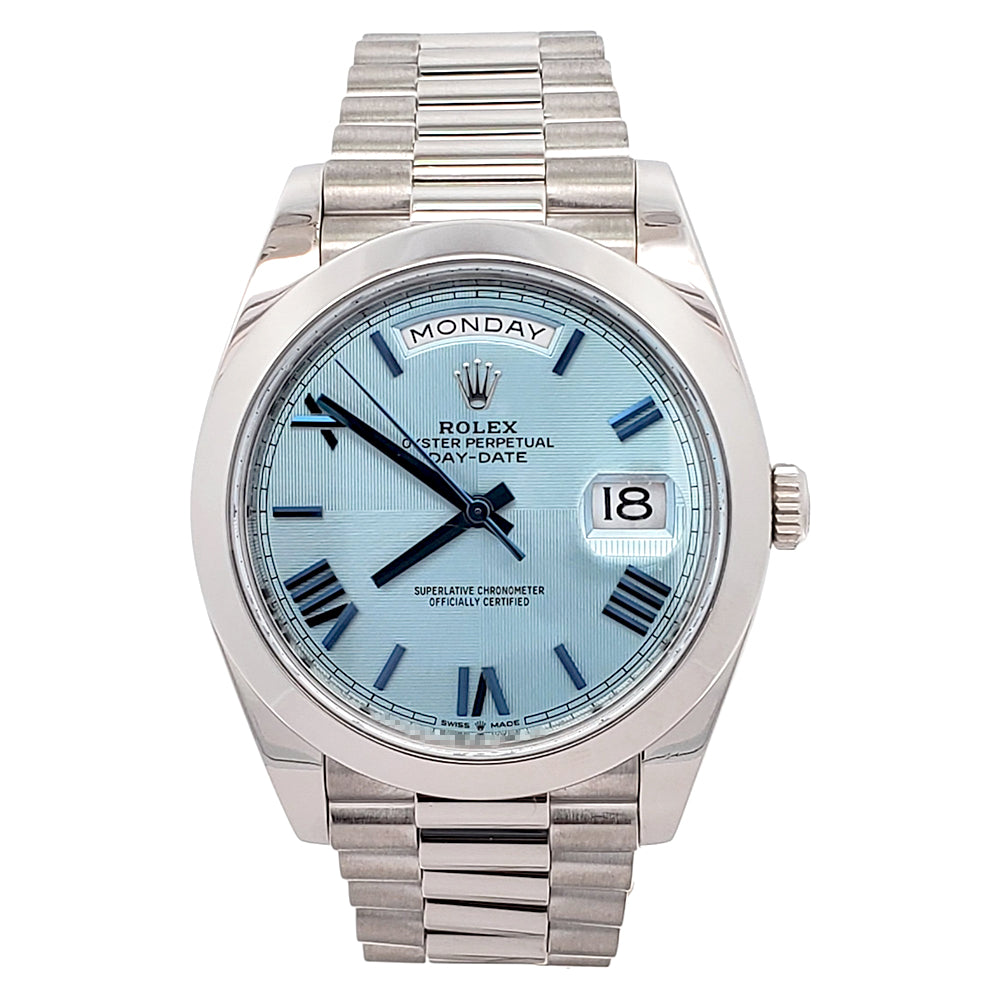 2020 Rolex President Day-Date Ice Blue Quadrant Motif Roman Dial Platinum 40mm Watch 228206 Box Papers