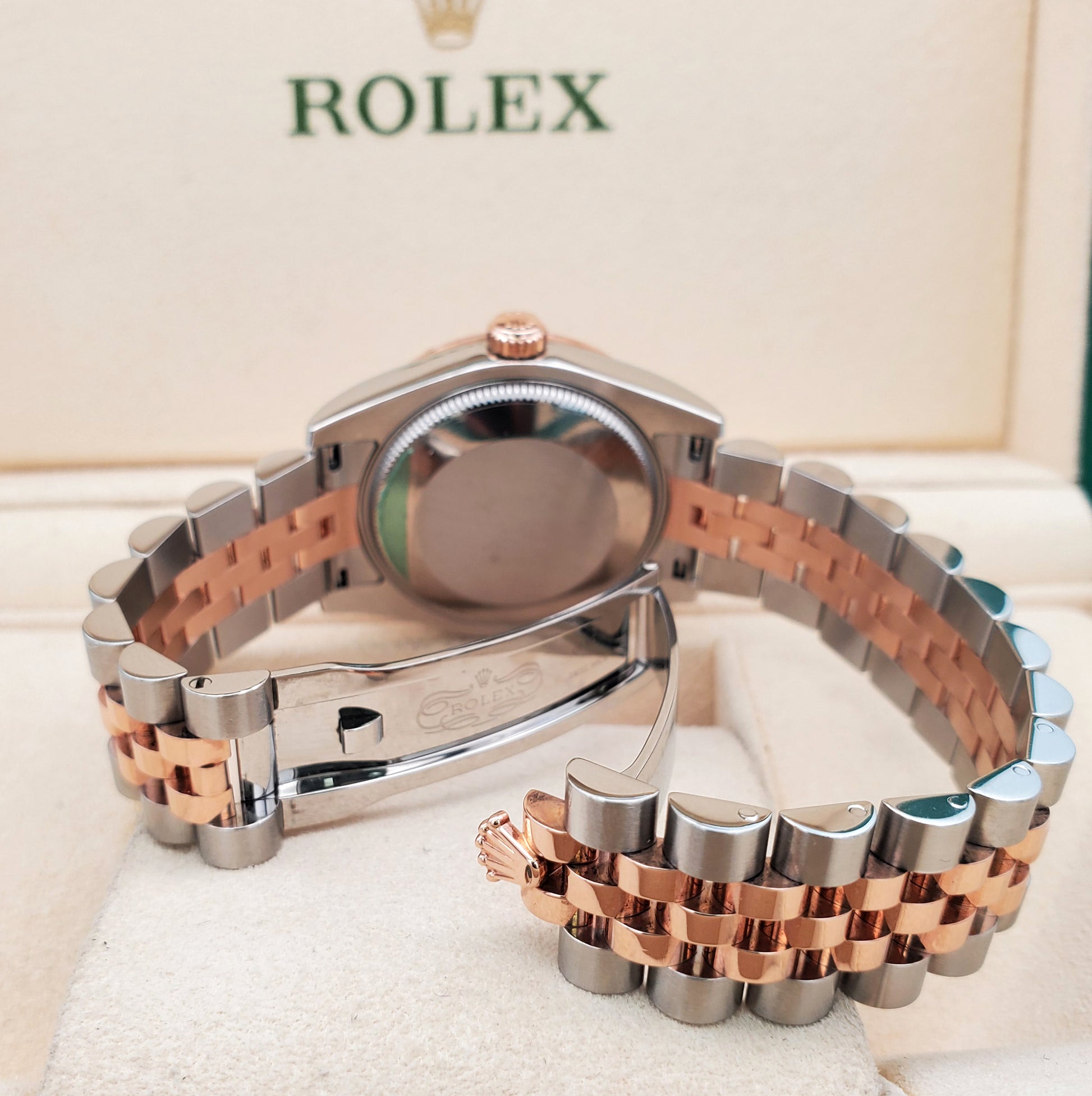 Rolex Datejust 31mm Scattered Diamond Bezel White Roman 2-tone Rose Gold/Steel Watch Box Papers