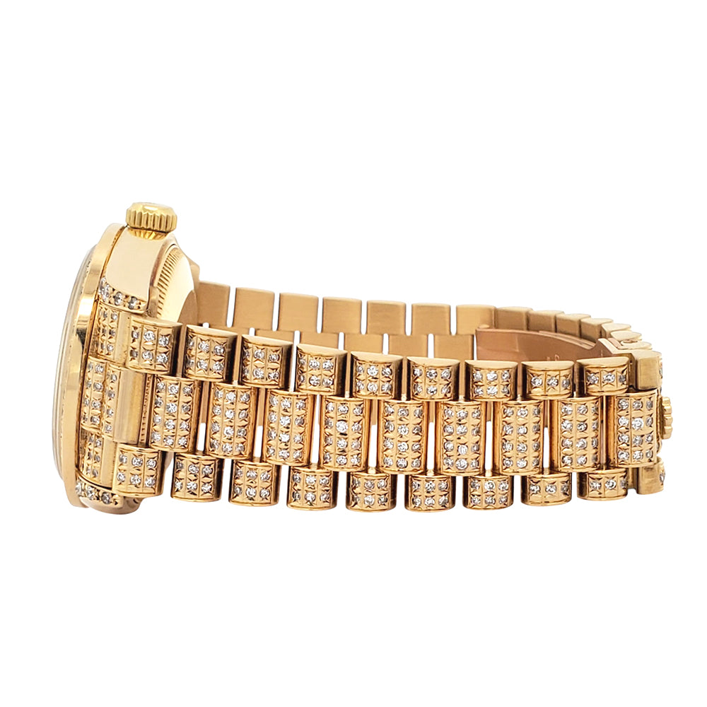 Rolex President Datejust Midsize 31mm Custom 7.2ct Full Pave Diamond Yellow Gold Watch 68288