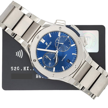 Hublot Classic Fusion Chronograph Blue Dial 45mm Titanium Watch 520.NX.7170.NX Box Papers