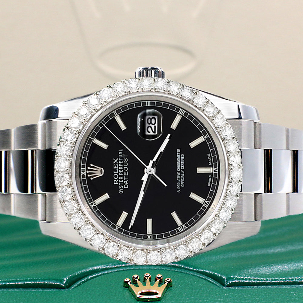 Rolex Datejust 116200 36mm 2.7ct Diamond Bezel/Black Index Dial Steel Oyster Watch