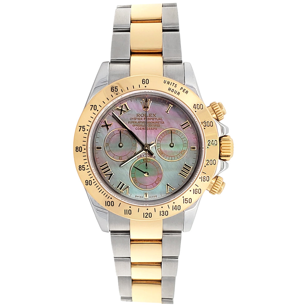 Rolex Cosmograph Daytona Factory Tahitian Mother of Pearl Dial Yellow Gold/ Steel Watch 116523 Box/Papers/Service Papers